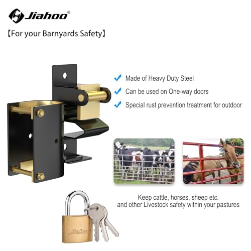 JIAHOO One Way Farm Gate Latch, Heavy Duty Gate Latch for Metal Tube Gates | Lockable Livestock Gate Hardware, For Cattle Gate Horse Corrals, Ranches, Pastures, Pet Cages, with Brass Padlock & 3 Keys - style: One Way Latch & Padlock