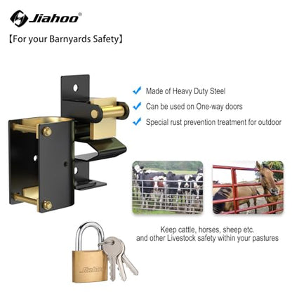 JIAHOO One Way Farm Gate Latch, Heavy Duty Gate Latch for Metal Tube Gates | Lockable Livestock Gate Hardware, For Cattle Gate Horse Corrals, Ranches, Pastures, Pet Cages, with Brass Padlock & 3 Keys - style: One Way Latch & Padlock