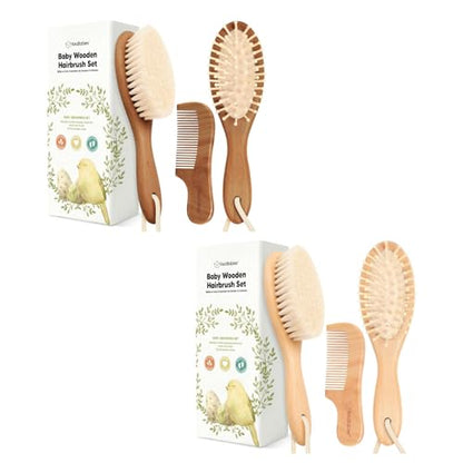 Keababies Wooden Baby Hair Brush Set for Newborns, Toddlers - Soft Goat Bristle Baby Brush and Comb Set Newborn Grooming Kit for Cradle Cap Care,Durable & Gentle,Boy,Girl Infant Essentials