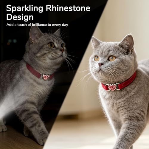 BINGPET Diamond Cat Collar with Bell, Adjustable Kitten Collar, Red - color: Red(Heart), size: Neck Girth 8"-10"