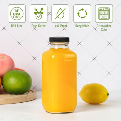 Glass Juice Bottles with Lids 12 oz, Reusable Glass Bottles 6 pcs, Square Juice Jars, Drink Containers with Caps for Smoothies, Kombucha, Beverages - size: 12 Ounces