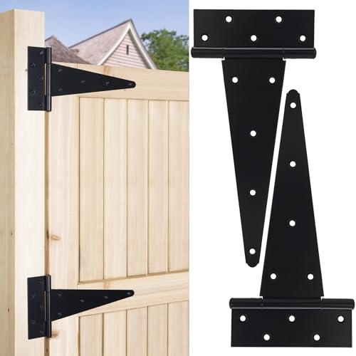 12 Inch T-Strap Gate Hinges, Heavy Duty Shed Barn Door Hinges, Black Tee Hinges for Wooden Fence, Yard Gate, Wrought Hardware Iron Rustproof (2 Pack) - size: 12 Inch