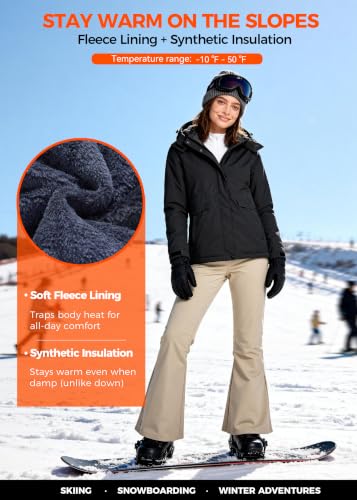 wantdo Women's Waterproof Ski Jacket Warm Fleece Lined Snow Winter Coat | 10000mm Waterproof Snowboard Jacket for Skiing, Hiking, Commute, Removable Hood, 6 Pocket, Windproof Warm -10°F to 50°F - color: Black, size: Medium