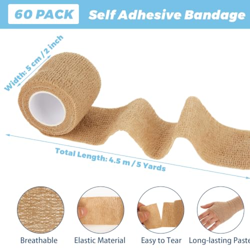 60 Pack Self Adhesive Bandage Wrap 2 Inch X 5 Yard – Nude | Elastic Cohesive Bandage Wrap, Vet Wrap for Dogs Horses, Wound Wrap for Injury First Aid Medical Sports Ankle Wrist