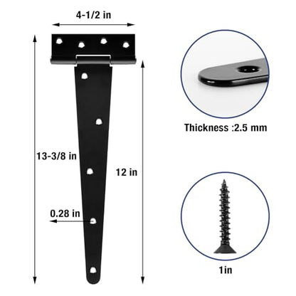 TDCHINGES T Strap Black Gate Door Hinges 12 Inch for Barn Shed 2.5mm 2 Pack - size: 2Pack-12inch