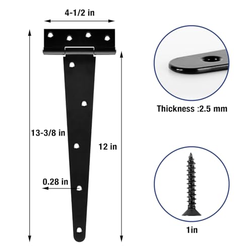 TDCHINGES T Strap Black Gate Hinges 12" for Barn Fence Shed 2.5mm 6 Pack - size: 6Pack-12inch