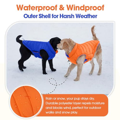 QBLEEV Reversible Dog Jacket, Windproof Dog Coat, Lightweight Puffer Vest - color: Orange-Navy, size: Large