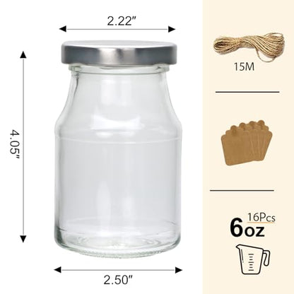 16Pack 6oz Glass Milk Bottles, Glass Jars with Lids | Jelly Jars with Silver Lids, Glass Yogert Jars, Clear Milk Jars Ideal for Jam, Honey, Wedding Favors, Shower Favors - size: 6oz-16pack