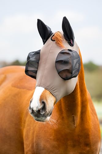 LeMieux Bug Relief Half Fly Mask - Anatomically Shaped - Bug-Eye Eye Darts - Breathable Mesh Ears - Walnut - XLarge - color: Walnut, size: XL