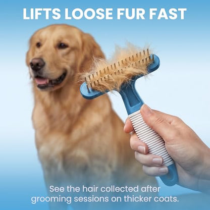 POODLIE Poodle Pet Dog Grooming Rake | Dematting Tool with Stainless Steel Shedding Comb for Pets | 2 Rows of Pins Gently Remove Loose or Tangled Hair from Undercoat (Blue) - color: Blue