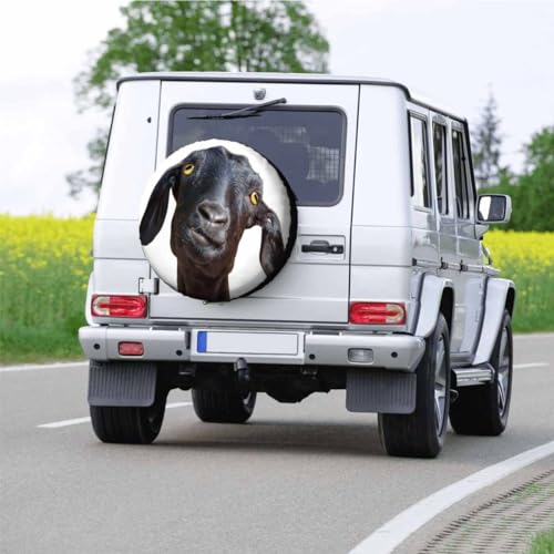 Black Goat Spare Tire Cover Cute Funny Goat Portrait with Humorous Face and Yellow Eyes Polyester Universal Wheel Tire Cover for Trailer Camping Weatherproof for Rv SUV Truck Camper Travel 15 inch - size: 15 inch
