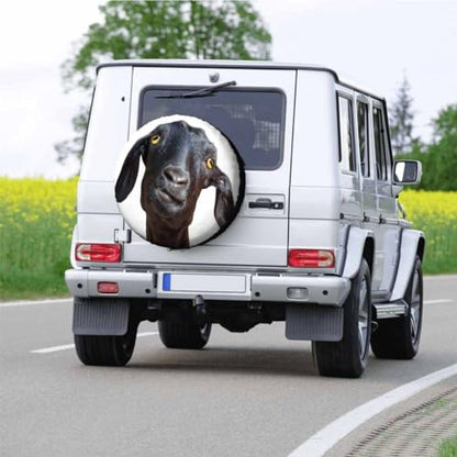 Black Goat Spare Tire Cover Cute Funny Goat Portrait with Humorous Face and Yellow Eyes Polyester Universal Wheel Tire Cover for Trailer Camping Weatherproof for Rv SUV Truck Camper Travel 15 inch - size: 15 inch