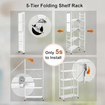 Himix 5-Tier Foldable Storage Shelves 20 Hooks Wheels White No Assembly - color: White, size: 5-Tier