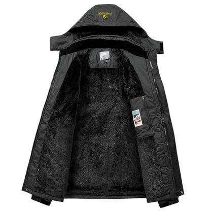 Men's Winter Ski Jacket Warm Fleece Waterproof Outdoor Mountain Hiking Windbreaker Hooded Snow Rain Coat - color: Black, size: X-Large