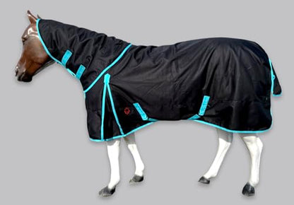 Horse RAIN Sheet with Neck Cover | 1200Denier Horse Rainsheet with Hood | Horse Turnout Sheet With Neck |Horse Rainsheet Combo (Waterproof | Breathable) (Black-with-Turquoise-Trim, 84) - size: 84