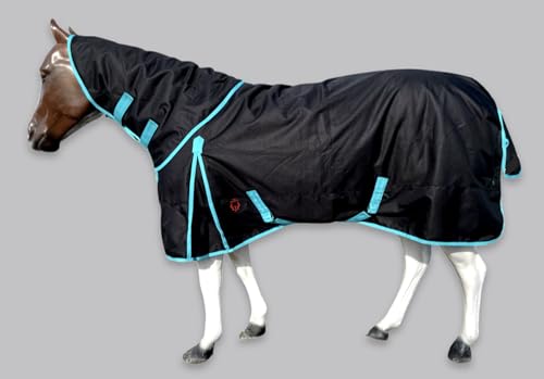 Horse RAIN Sheet with Neck Cover | 1200Denier Horse Rainsheet with Hood | Horse Turnout Sheet With Neck |Horse Rainsheet Combo (Waterproof | Breathable) (Black-with-Turquoise-Trim, 84) - size: 84