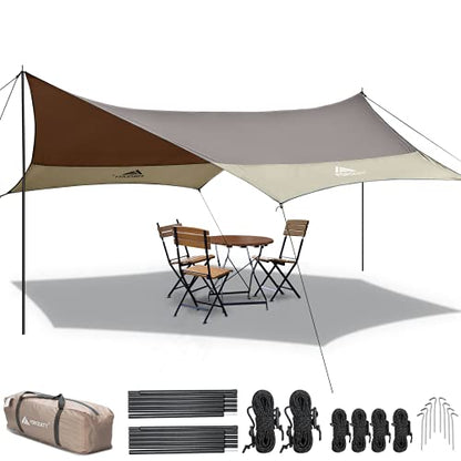 Forceatt 12x14FT Waterproof Camping Tarp with 2 Poles, Sun Shelter for Car, Tent, Hammock in Camping, Hiking, Backpacking, Garden and Traveling - color: Brown & Khaki