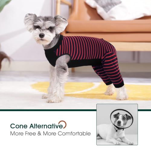 Kuoser Dog Recovery Suit with Anti Licking Rear Leg Sleeve, Red M - color: Red Strips, size: Medium (Back Length: 34cm / 13.38")