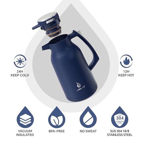 IDEUS Thermal Coffee Carafe 68oz, Beverage Dispenser Navy Blue | Stainless Steel Double Wall Vacuum Insulation Creamer Pitcher Water Jug Coffee Server, Coffee Carafe for Keeping Hot and Cold - color: Navy Blue, size: 68 Ounces