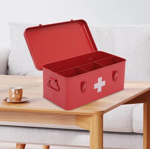 First Aid Box Empty, Metal Medicine Box with Safety Lock, Medical Storage Organizer, First Aid Kit Supplies Organizer for Emergency Set (Red)
