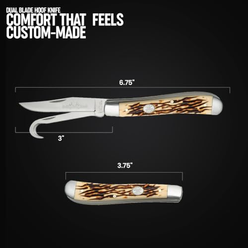 SZCO Supplies 3.75" Dual Blade Hoof Knife – Stainless Steel Hook and Clip-Point Blades, Durable Bone-Style Handle, Multi-Use Folding Utility Knife for Ranch, Barn, Camping, and Outdoor Knife