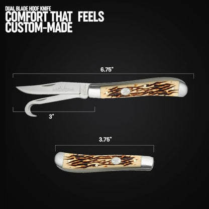 SZCO Supplies 3.75" Dual Blade Hoof Knife – Stainless Steel Hook and Clip-Point Blades, Durable Bone-Style Handle, Multi-Use Folding Utility Knife for Ranch, Barn, Camping, and Outdoor Knife