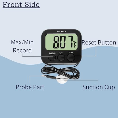 HATUSOKU Digital Thermometer with External Sensor, Magnet, Suction Cup, Water Thermometer, Aquarium, Refrigerator, Freezer (Black)