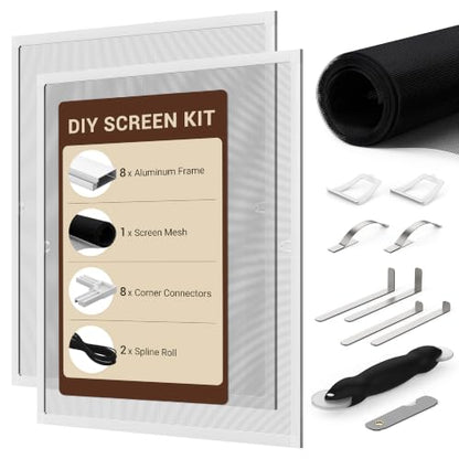 Window Screen Frame Kit, Easy Cut-to-Size, Pet-Proof Mesh 2 Sets - color: White-PET, size: 46" W X 46" H (2 Pack)