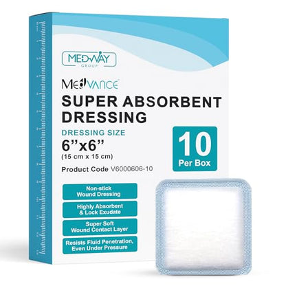 MedVance Super Absorbent Wound Dressing, Non-Adhesive Pads, 6"x6" Box of 10 | Sterile And Individually Wrapped - Non-Stick Wound Bandages - Super Soft - Highly Absorbent & Lock Exudate - Leakproof - size: 6"x6", style: 10 Pack