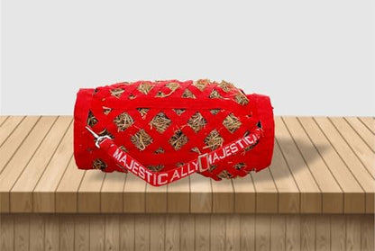 Majestic Ally Double Side Open Slow Feeder Hay Bag - Diamond Shaped Obliquely Placed Webbing (Red) - color: Red