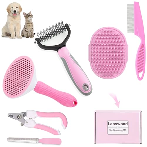 Dog Brush Grooming Kit 6PCS Dog Brush for Shedding-Dogs Brushes for Grooming, Dematting Comb for Dogs, Nail Clipper with Nail File, Flea Comb, Cat Bath Brush-Pink - color: Pink