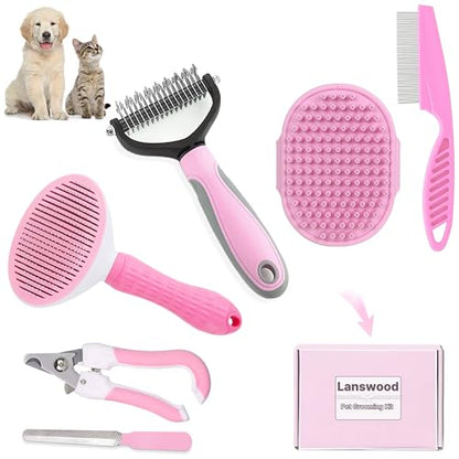 Dog Brush Grooming Kit 6PCS Dog Brush for Shedding-Dogs Brushes for Grooming, Dematting Comb for Dogs, Nail Clipper with Nail File, Flea Comb, Cat Bath Brush-Pink - color: Pink