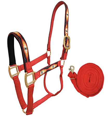 Patterned Nylon Horse Halters with Padded Noseband and Matching 10’ Soft Grip Lead Rope - 6 Month Warranty - color: Geometric on Hurricane Blue Nylon