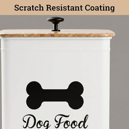 Metal Dog Food Container 5-7lb, 25 Cup w/ Airtight Bamboo Lid, Metal Handle - color: White: Bone