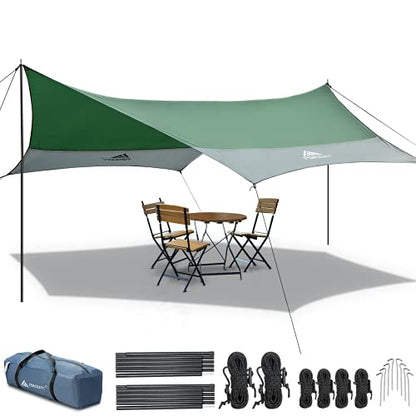 Forceatt 12x14FT Waterproof Camping Tarp with 2 Poles, Sun Shelter for Car, Tent, Hammock in Camping, Hiking, Backpacking, Garden and Traveling - color: Green & Gray