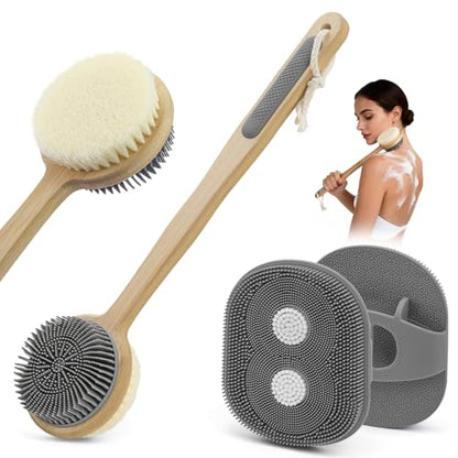 Back Scrubber for Shower & Body Scrubber 2 Pack - Silicone & Nylon Bristles - color: Grey