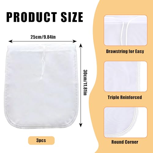Nut Milk Bag Reusable 3 PCS 12" x 10" Food Strainer Nut Bags for Straining Almond/Soy Milk Greek Yogurt Professional for Cold Brew Coffee Tea Beer Juice Fine Nylon Mesh Cheesecloth - color: 3 pcs