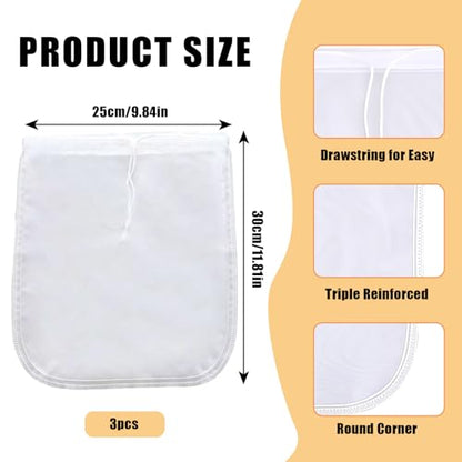 Nut Milk Bag Reusable 3 PCS 12" x 10" Food Strainer Nut Bags for Straining Almond/Soy Milk Greek Yogurt Professional for Cold Brew Coffee Tea Beer Juice Fine Nylon Mesh Cheesecloth - color: 3 pcs