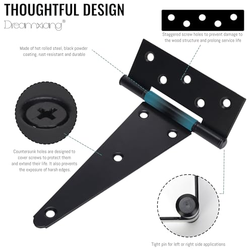 8 Inch T-Strap Gate Hinges, Heavy Duty Shed Barn Door Hinges, Black Tee Hinges for Wooden Fence, Yard Gate, Wrought Hardware Iron Rustproof (2 Pack) - size: 8 Inch
