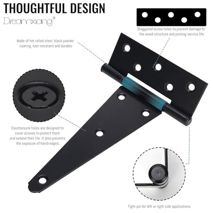 8 Inch T-Strap Gate Hinges, Heavy Duty Shed Barn Door Hinges, Black Tee Hinges for Wooden Fence, Yard Gate, Wrought Hardware Iron Rustproof (2 Pack) - size: 8 Inch