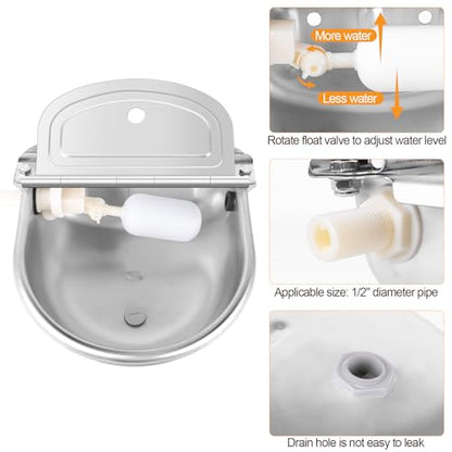 MYFAMIREA Automatic Animal Drinking Water Bowl Stainless Steel Waterer Feeder Farm Dog Dispenser Kit Self Filling for Livestock Horse Goat Water Trough with Float Valve Drain Hole Hose Adapter Bolts - size: 1 PCS
