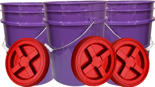 House Naturals 5 Gallon Purple Food Grade BPA Free, Made in USA Plastic Bucket with Screw On Airtight lid, (Pack of 3) (Purple Buckets with Scarlet Red lids) - color: Purple Buckets With Red Gamma