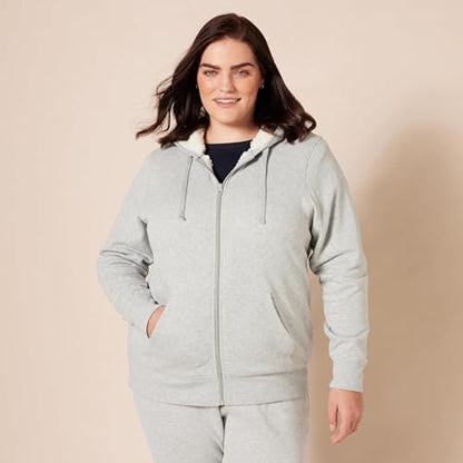 Amazon Essentials Women's Sherpa-Lined Fleece Full-Zip Hooded Jacket with Drawstring (Available in Plus Size) - color: Grey Heather, size: Large