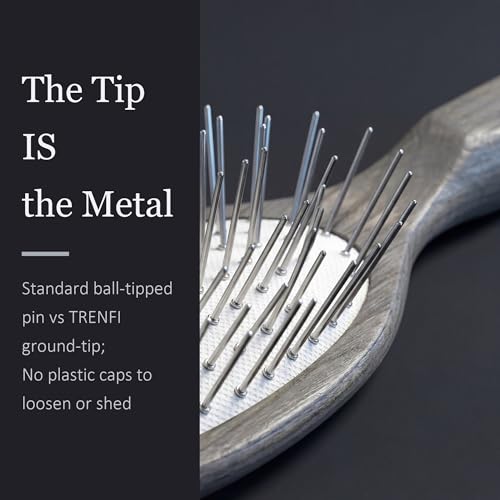 TRENFI Metal Pin Hair Brush Carbonized Willow Wood | Ground Tip Ends, Thick Wavy Curly Sections, Scalp Massage Feel, Air Cushion, Daily Detangling, Pressure Control, Low Static