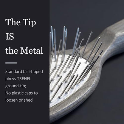 TRENFI Metal Pin Hair Brush Carbonized Willow Wood | Ground Tip Ends, Thick Wavy Curly Sections, Scalp Massage Feel, Air Cushion, Daily Detangling, Pressure Control, Low Static