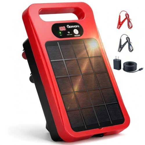 0.32J Solar Electric Fence Charger with Panel for Livestock, 20-Mile Red - color: Red