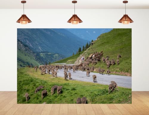 10x7ft Fabric Mountain Road Flock Sheep Backdrop Grey Mountain Highway Mass Wool Sheep Green Hillside Forest Background Tapestry Party Alpine Farm Home Wall Decorations Photo Booth Props - size: 10x7ft