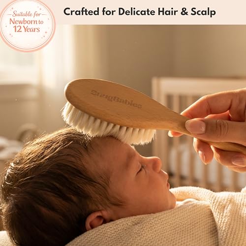 Baby Hair Brush & Comb Set for Newborns - Gentle Goat-Hair & Bamboo Bristle Hairbrushes with Easy Grip Wooden Handles - 5-Pack Baby Brush Set with a Cotton Travel Pouch - Gifts for Boys & Girls - size: Premium Set (5-Piece)