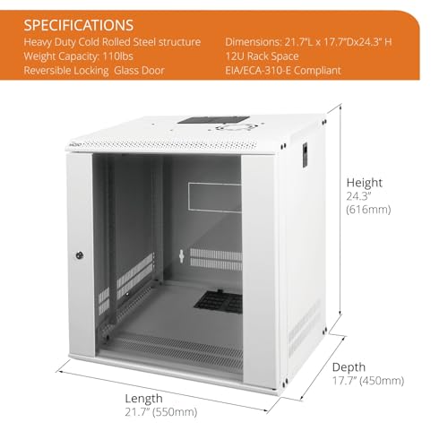 Tecmojo 12U Wall Mount Rack Network Cabinet for 19" IT Equipment,with Lockable Glass Door and Side Panels,Cooling Fan,17.7inch Depth,White - size: 12U/Glass Door/White