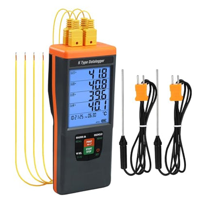 Digital Thermocouple Thermometer, 4 Channel Data Logger Thermometer with 48,000 Groups Data Records, -328~2498℉ Measuring Range Thermocouple Reader with Buzzer and Visible Alarm - color: Grey